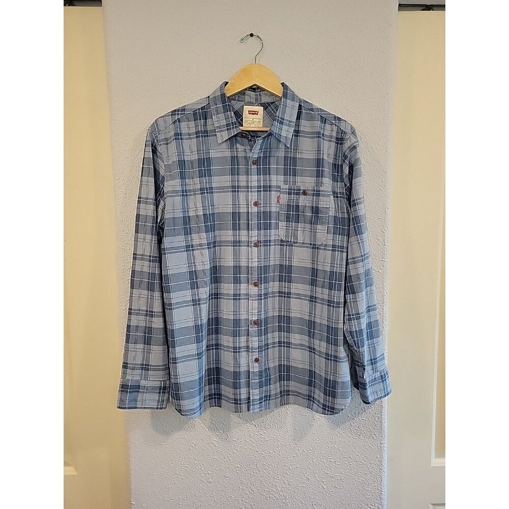 Levi's Men's Long Sleeve Blue Plaid Button Up Shirt Front Pocket Size Medium